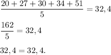 \dfrac{20+27+30+34+51}{5} = 32,4\\ \\\dfrac{162}{5} = 32,432,4 = 32,4.