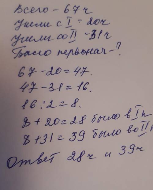 5. На двух площадках было 67 человек. Когда с пе вой площадки ушли 20 человек, а со второй 31 чело в