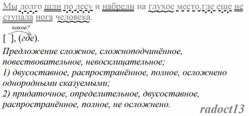 Разбор Предложения:Мы долго шли по лесу и набрели на глухое место,где еще не ступала нога человека.