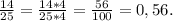 \frac{14}{25}=\frac{14*4}{25*4}=\frac{56}{100}=0,56.