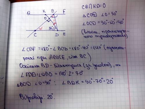 Задано дві паралельні прямі AB і CE і січну BC. Пряма BD є бісектрисою кута CBF, а пряма DK є перпен