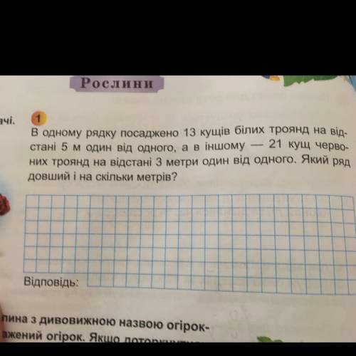 В одному рядку посаджено 13 кущів білих троянд на від стані 5 м один від одного, а в іншому. них тро