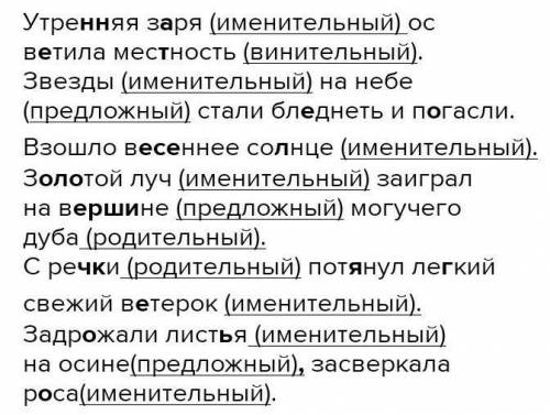 Списать. Вставить пропущенные буквы. Определить род и падеж имён существительных. Утре(н,нн)яя заря