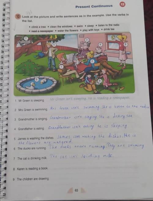 Look at the picture and write sentences as in the example. Use the verbs in the list​