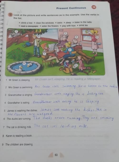 Look at the picture and write sentences as in the example. Use the verbs in the list​