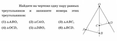 Найдите на чертеже одну пару равных треугольников и запишите номера этих треугольников: