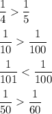 \displaystyle \frac{1}{4}\frac{1}{5}\\ \\ \frac{1}{10}\frac{1}{100}\\ \\ \frac{1}{101}\frac{1}{60}