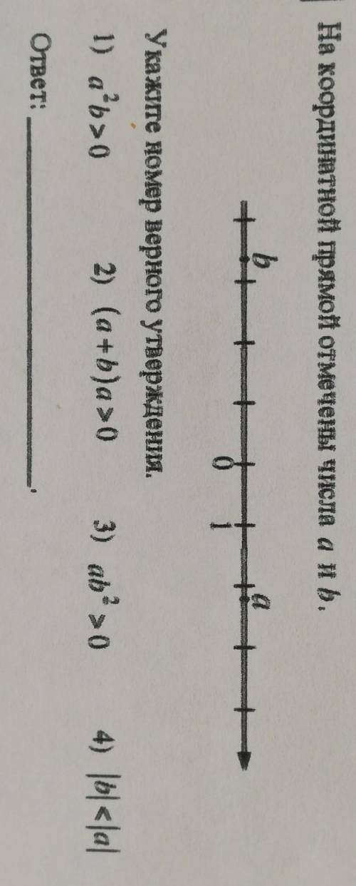 На координатной прямой отмечены числа а и б, Укажите номер верного утверждения. 1) a*b>0 2) (a+b)