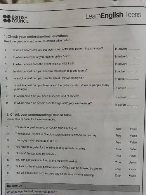 1. Check your understanding: questions Read the questions and write the correct advert (A-F). 1. In