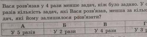Вася розв'язав у 4 рази менше задач,які Вася розв'язав, менша за кількість задач,які йому залишилося