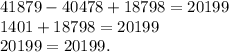 41879-40478+18798=20199\\1401+18798=20199\\20199=20199.