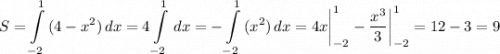 \displaystyle S=\int\limits^1_{-2} {(4-x^2) } \, dx =4\int\limits^1_{-2} { } \, dx =-\int\limits^1_{-2} {(x^2) } \, dx =4x\bigg |_{-2}^1-\frac{x^3}{3} \bigg |_{-2}^1=12-3=9