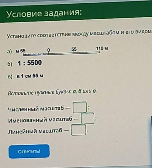 Условие задания: Установите соответствие между масштабом и его видом: