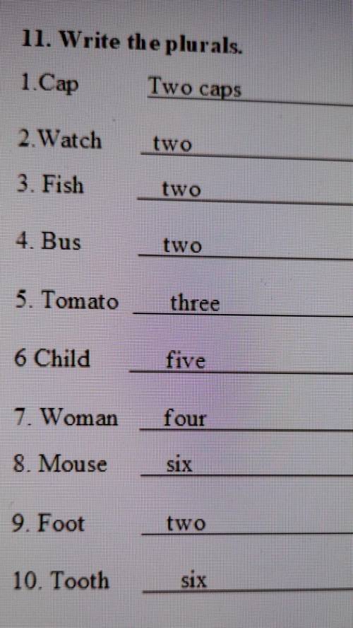 11. Write the plurals. 1.Cap Two caps 2. Watch two 3. Fish two 4 Bus two 5. Tomato three 6 Child fiv