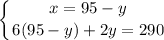 \displaystyle \left \{ {{x=95-y} \atop {6(95-y)+2y=290}} \right.