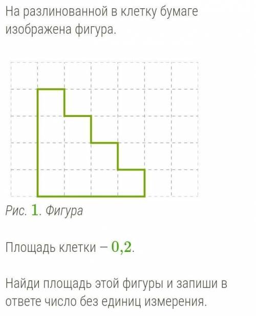 На разлинованной в клетку бумаге изображена фигура. Площадь клетки — 0,2.Найди площадь этой фигуры и