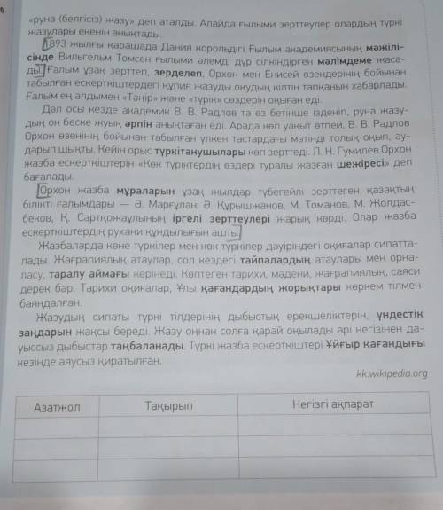 -тапсырма. Мәтінді оқы. Қою қаріппен берілген сөздердің мағынасын анықта. Төменде берілген кестені т