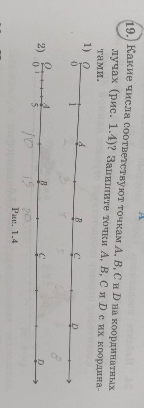 A Какие числа соответствуют точкам A, B, C и D на координатныхлучах (рис. 1.4)? Запишите точки A, B,