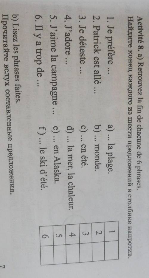 retrouvez la fin de chacune de 6 pharases. Найдите конец из каждого из шести предложений в столбике