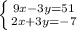 \left \{ {{9x-3y=51} \atop {2x+3y=-7}} \right.