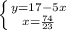 \left \{ {{y=17-5x} \atop {x=\frac{74}{23} }} \right.