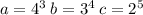 a = 4 ^3 \: b = 3 ^4 \: c = 2 ^5