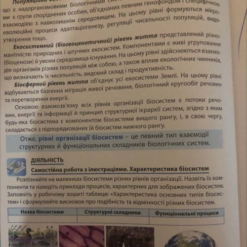 Заповніть у робочому зошиті таблицю «Характеристика основних типів біосис- тем»