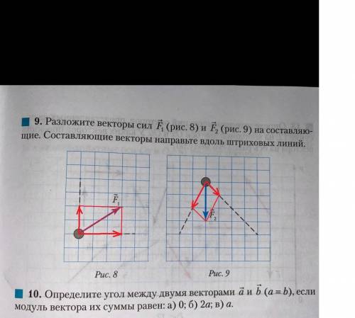 9. Разложите векторы сил F1 и F2 на составляющие. Составляющие векторы направьте вдоль штриховых лин