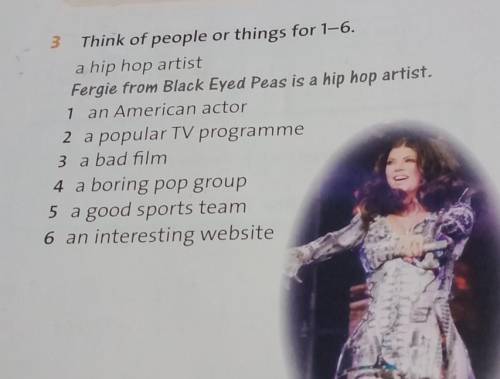 Think of people or things for 1-6. a hip hop artist Fergie from Black Eyed Peas is a hip hop artist.