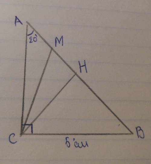 Решите задачу : Дано:АВС треугольник угол С =90°СМ-медиана ВС=5 смугол ВАС =20°НАЙТИ : угол МСH ;уго