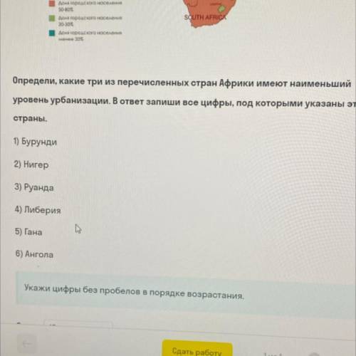 Определи, какие три из перечисленных стран Африки имеют наименьший уровень урбанизации. В ответ запи