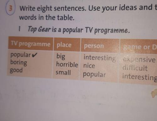 3 Write eight sentences. Use your ideas and the words in the table. 1 1 Top Gear is a popular TV pro