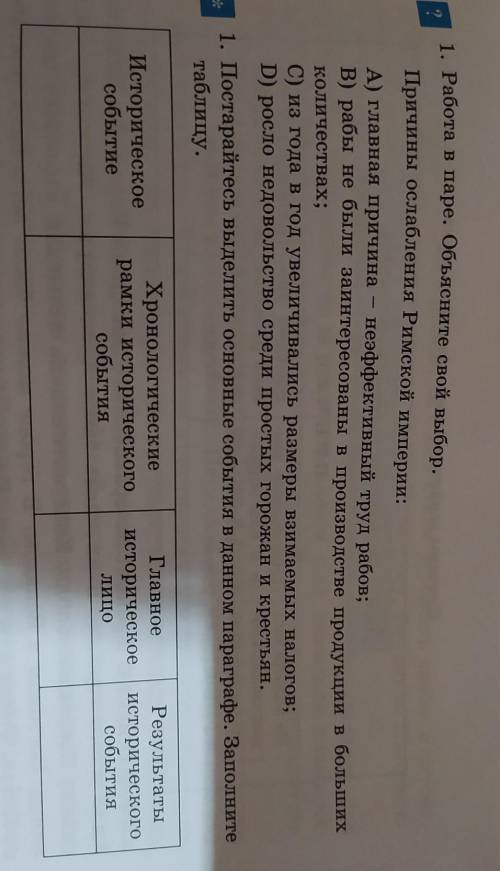 1. Работа в паре. Объясните свой выбор. Причины ослабления Римской империи: A) главная причина неэфф