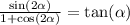 \frac{ \sin(2 \alpha ) }{1 + \cos(2 \alpha ) } = \tan( \alpha )