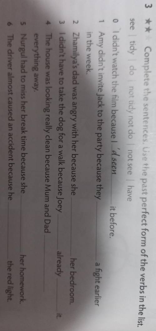 Complete the sentences. Use the past perfect form of the verbs in the list. tidydonot tidy not do| n