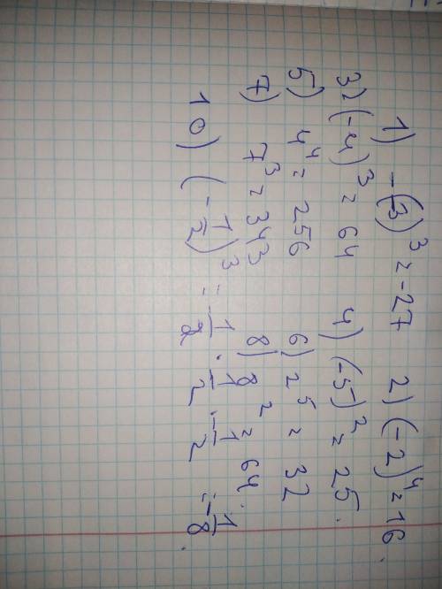 1.2. Вычислите: 1) (-3); 3) (-4)3; 5) 44; 7) 73; 9) 2,52; о) (-5). 2) (-2)4; 4) (-5); 8) 82; 10) 6)