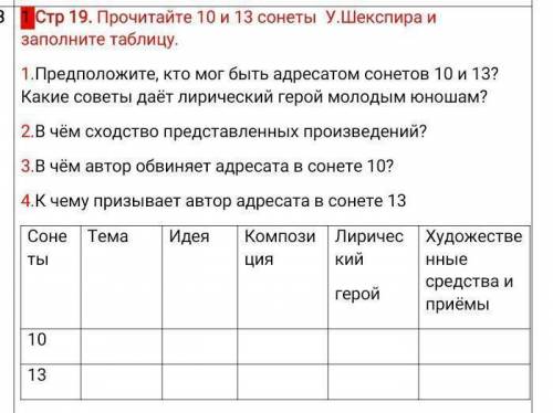 Прочитайте 10 13 сонеты шекспира и заполните таблицу