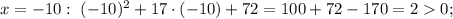 x=-10: \ (-10)^{2}+17 \cdot (-10)+72=100+72-170=20;