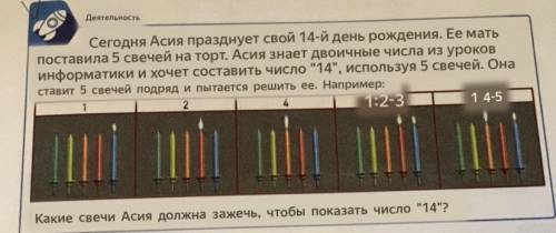 Сегодня Асия празднует свой 14-й день рождения. Ее мать поставила 5 свечей на торт. Асия знает двоич