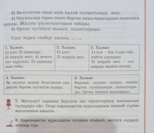 6. «Түсінік» ойыны. 1) Мәтіннен тірек сөздерді тауып, әрқайсысына 4-5 ассоциация-тірек сөзден жаз. 2