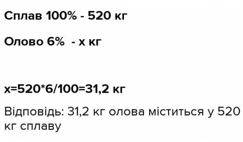 Сплов містить 8% олова. Скільки кілограмів олова містить у 520 кг сплову?​