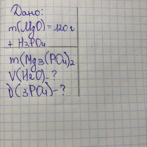 (Дано: ml. MgO) = 120 g + H₂PO4 m(Mg3 (PO4)2 V(H2O)? V( 3 PO4) ?