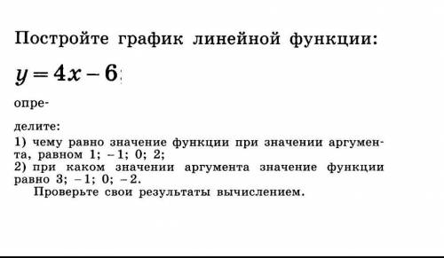 Постройте график линейной функции:y=4x- 6опре-делите:1) чему равно значение функции при значении арг