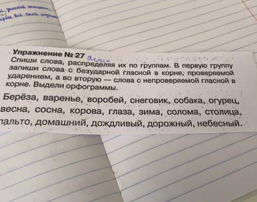 Спиши слова, распределяя их по группам. В первую группу запиши слова с безударной гласной в корне; п