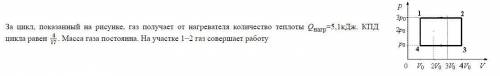 За цикл, показанный на рисунке, газ получает от нагревателя количество теплоты Qнагр=5,1 кДж. КПД ци