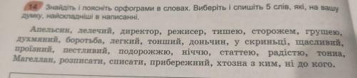 знайдіть і поясніть орфограми в словах виберіть і спишіть 5 слів які на вашу думку найскладніші в на