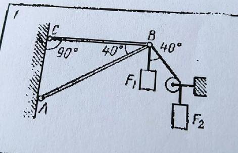 Определить реакции стержней, удерживающих грузы F1 и F2F1=0,4F2=0,5R1,R2-?