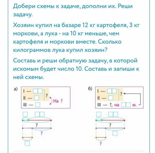 Добери схемы к задаче, дополни их. Реши задачу. Хозяин купил на базаре 12 кг картофеля, 3 кг моркови