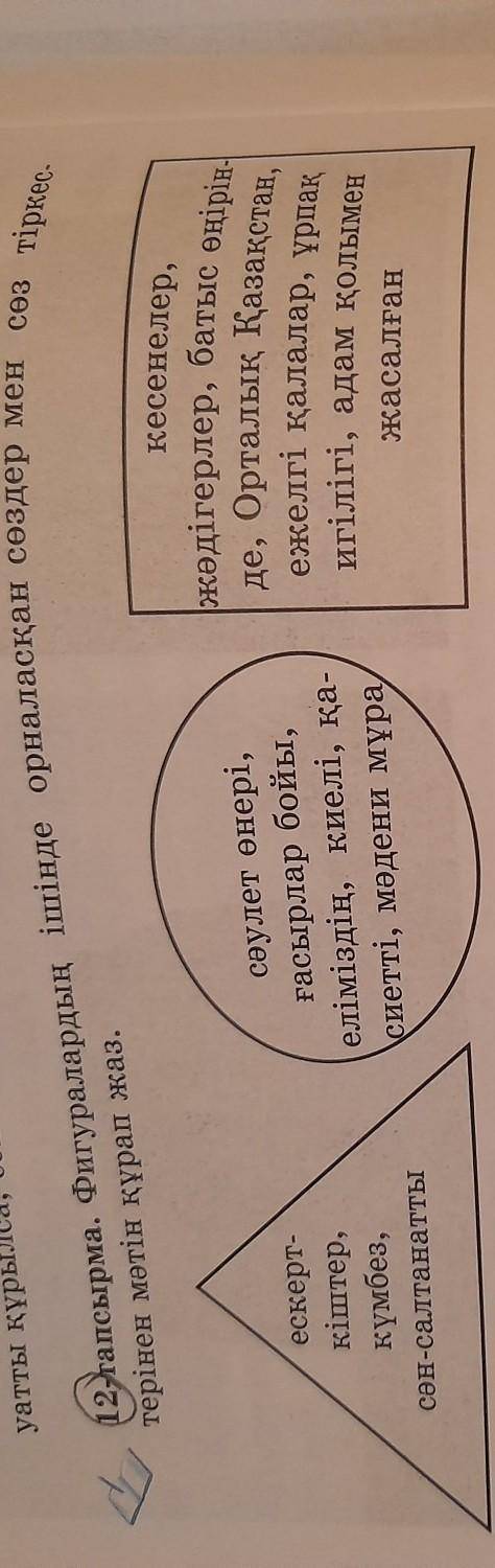 12-тапсырма. Фигуралардың ішінде орналасқан сөздер мен сөз тіркес. терінен мәтін құрап жаз. ескерт-