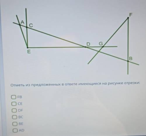 F с D G E В K Отметь из предложенных в ответе имеющиеся на рисунке отрезки: FB CE DF ВС BE OAD